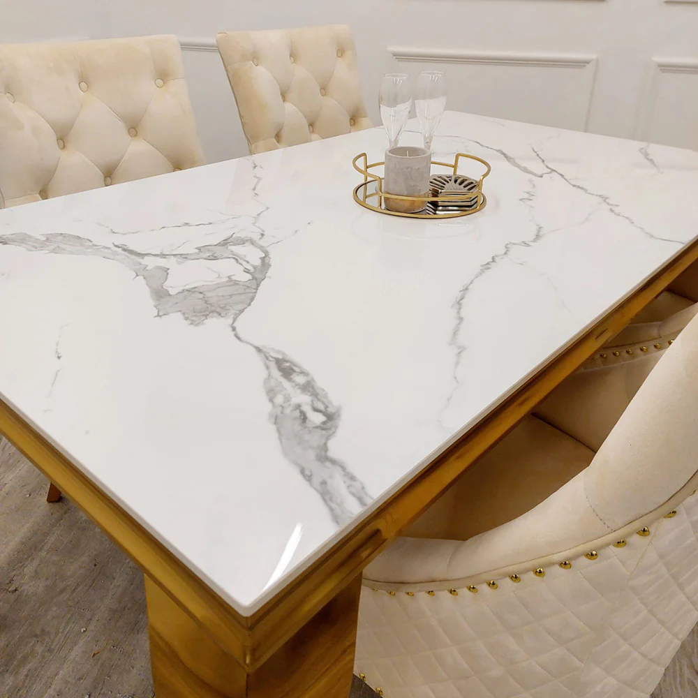 Louis Gold Polar White Sintered Stone Dining Table With Gold Lion Knocker Dining Chairs - Image 23