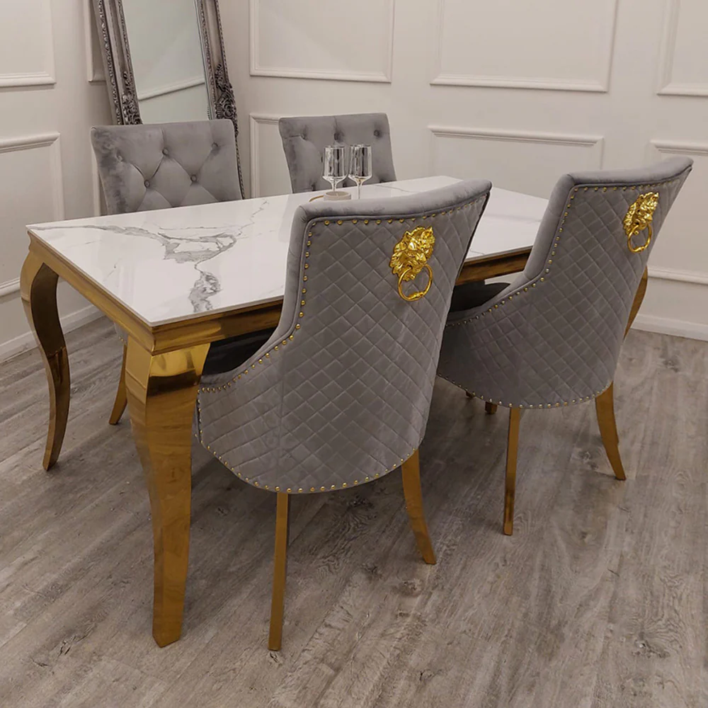 Louis Gold Polar White Sintered Stone Dining Table With Gold Lion Knocker Dining Chairs - Image 5