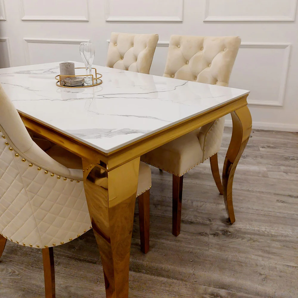 Louis Gold Polar White Sintered Stone Dining Table With Gold Lion Knocker Dining Chairs - Image 6