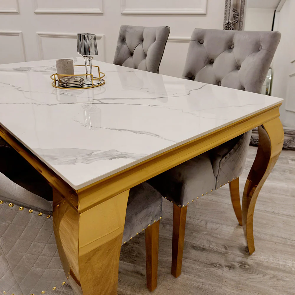 Louis Gold Polar White Sintered Stone Dining Table With Gold Lion Knocker Dining Chairs - Image 9