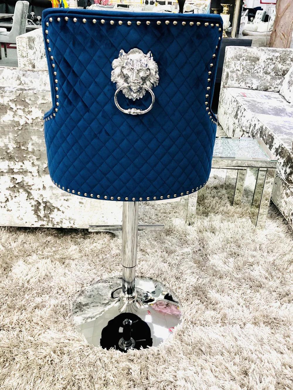 Majestic Blue Brushed Velvet Bar Stool With Lion Knocker - Image 6
