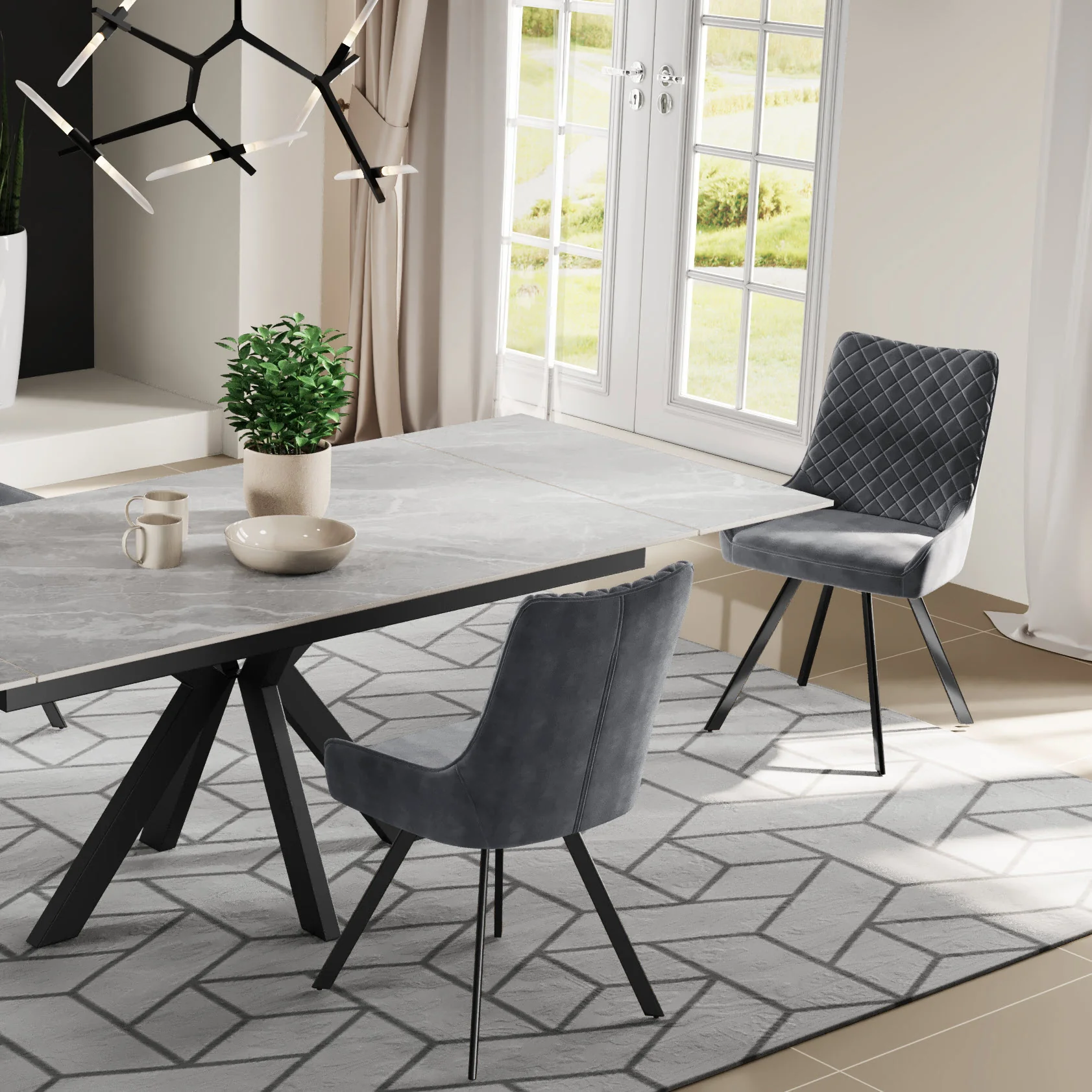 Nova 160-240cm Grey Matt Ceramic Marble Side Extending Dining Table With Velvet Dining Chairs - Image 4