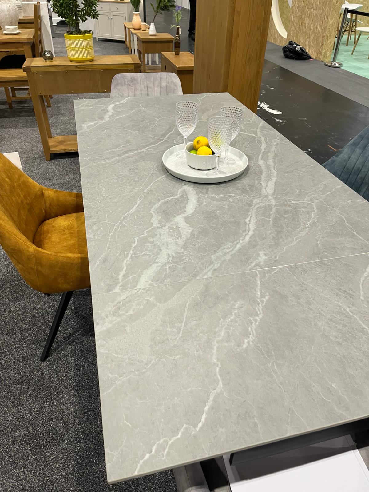 Nova 160-240cm Grey Matt Ceramic Marble Side Extending Dining Table With Velvet Dining Chairs - Image 5