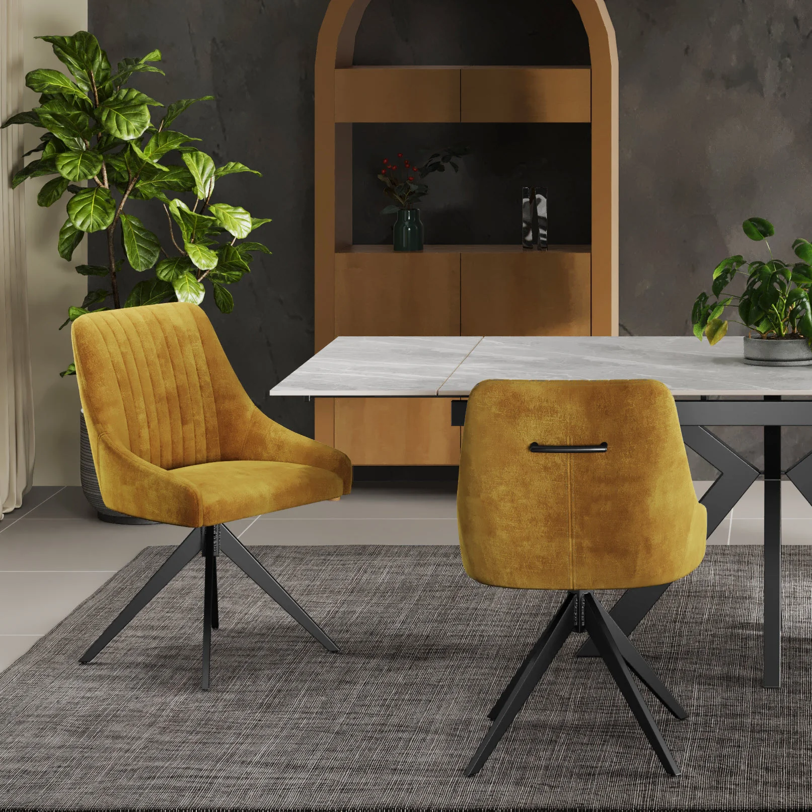 Nova 160-240cm White Ceramic Marble Side Extending Dining Table With Swivel Velvet Dining Chairs - Image 14