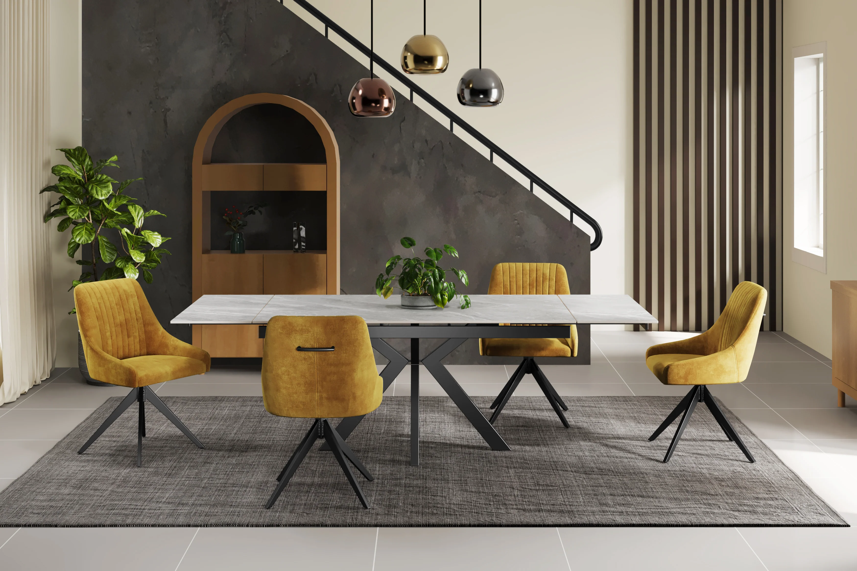 Nova 160-240cm White Ceramic Marble Side Extending Dining Table With Swivel Velvet Dining Chairs - Image 4