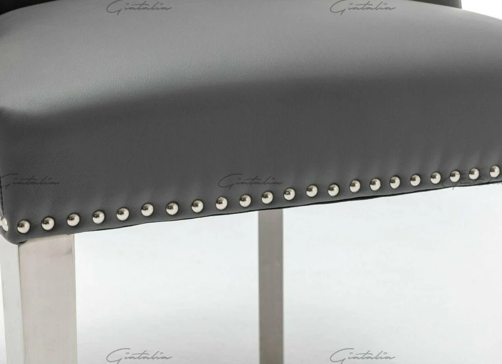 Ottavia 180cm White Marble Dining Table + Grey Chrome Ring Knocker Faux Leather Chairs - Image 11