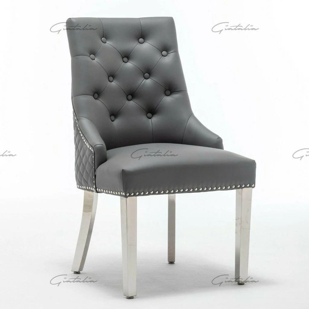 Ottavia 180cm White Marble Dining Table + Grey Chrome Ring Knocker Faux Leather Chairs - Image 12