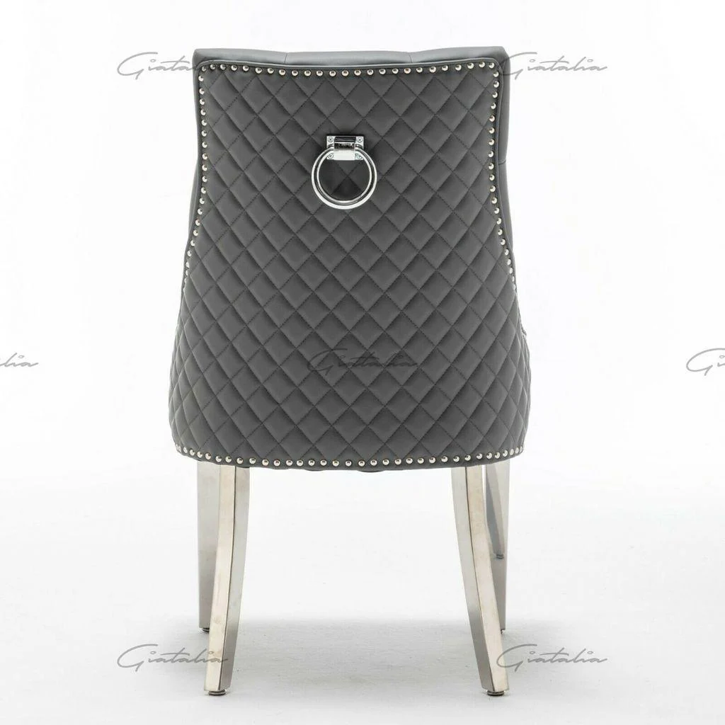 Ottavia 180cm White Marble Dining Table + Grey Chrome Ring Knocker Faux Leather Chairs - Image 4