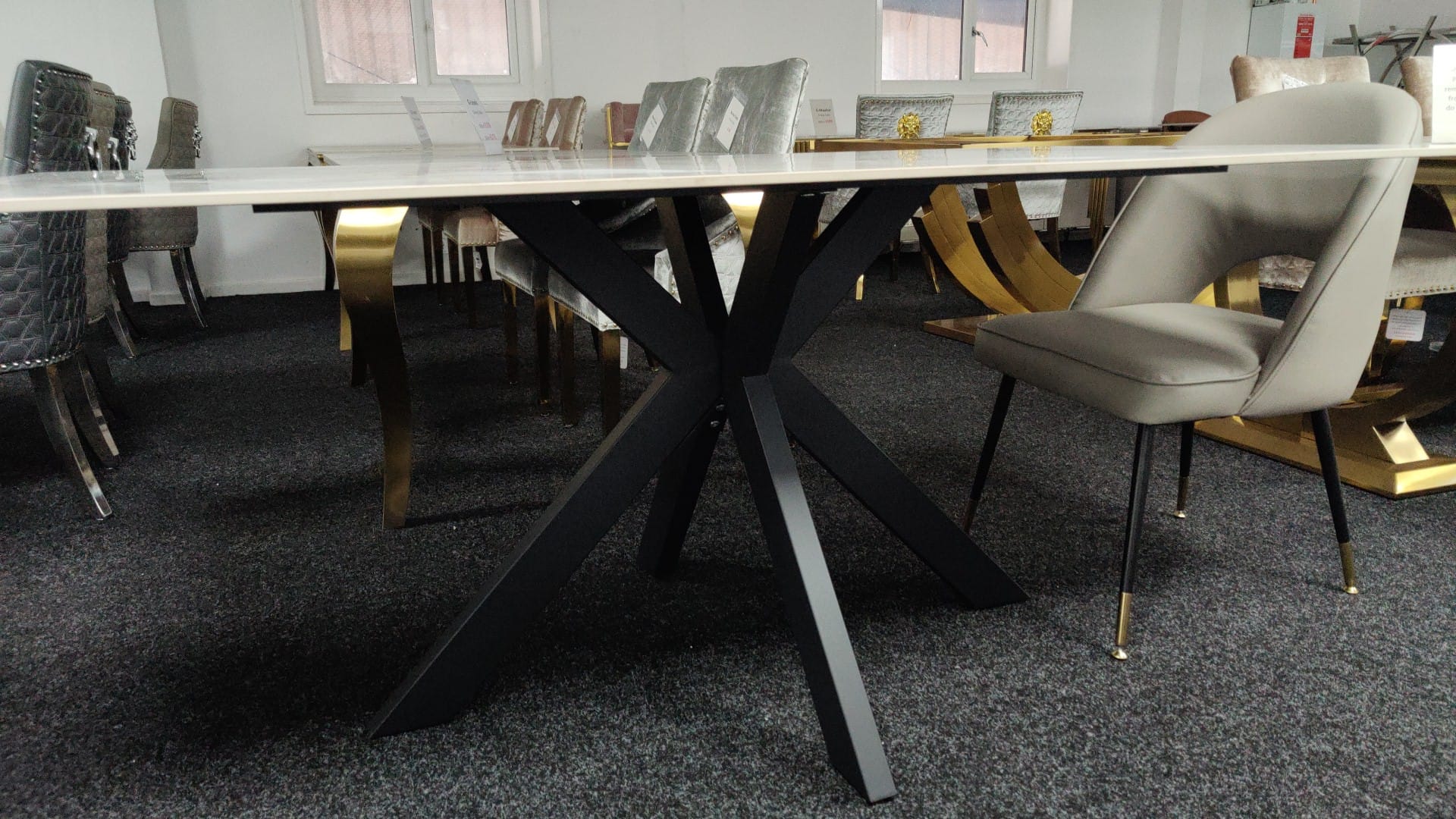 Phoenix 180cm White Ceramic Marble Dining Table With Grey Velvet Black Ring Chairs - Image 10