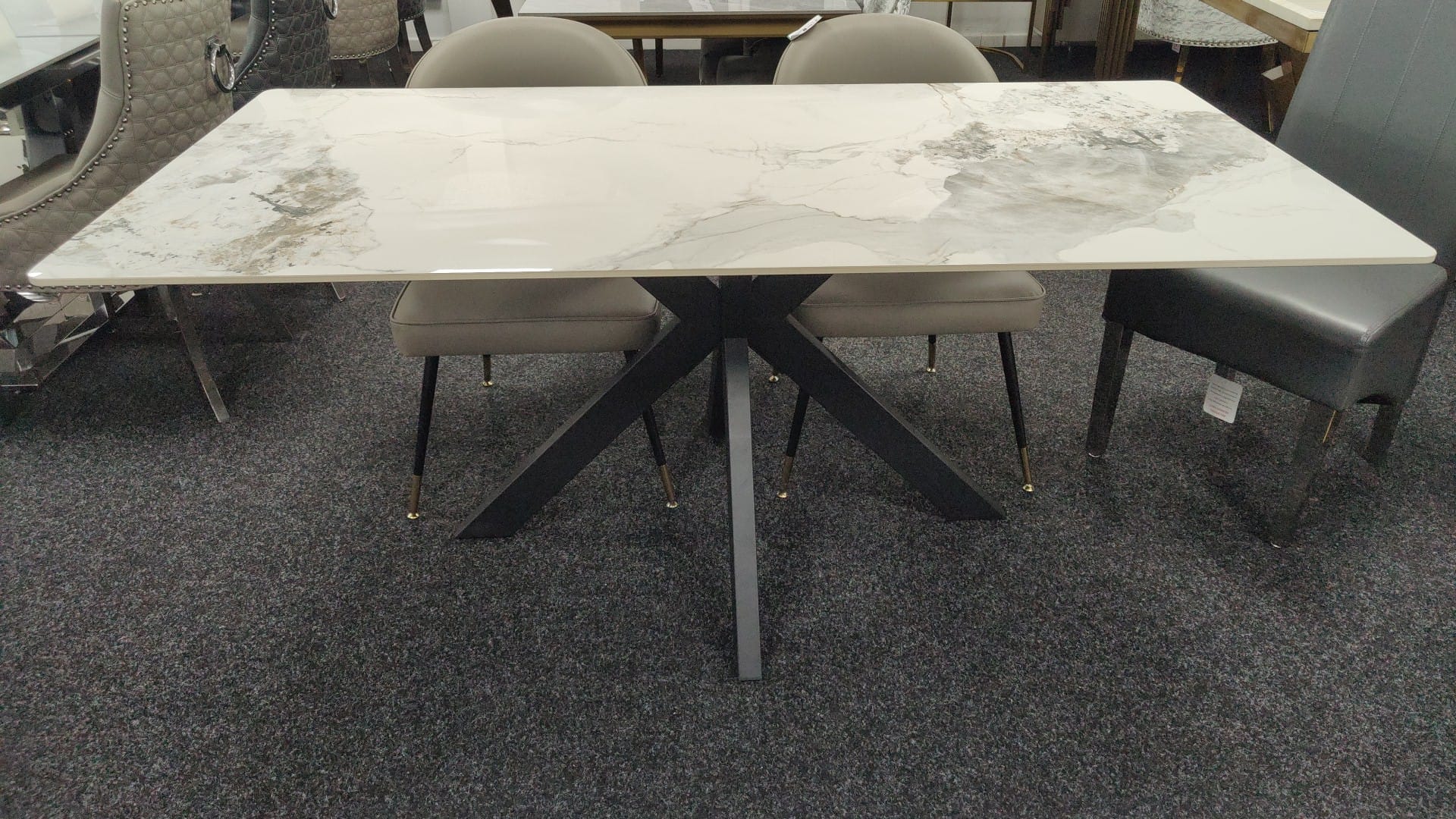 Phoenix 180cm White Ceramic Marble Dining Table With Grey Velvet Black Ring Chairs - Image 11