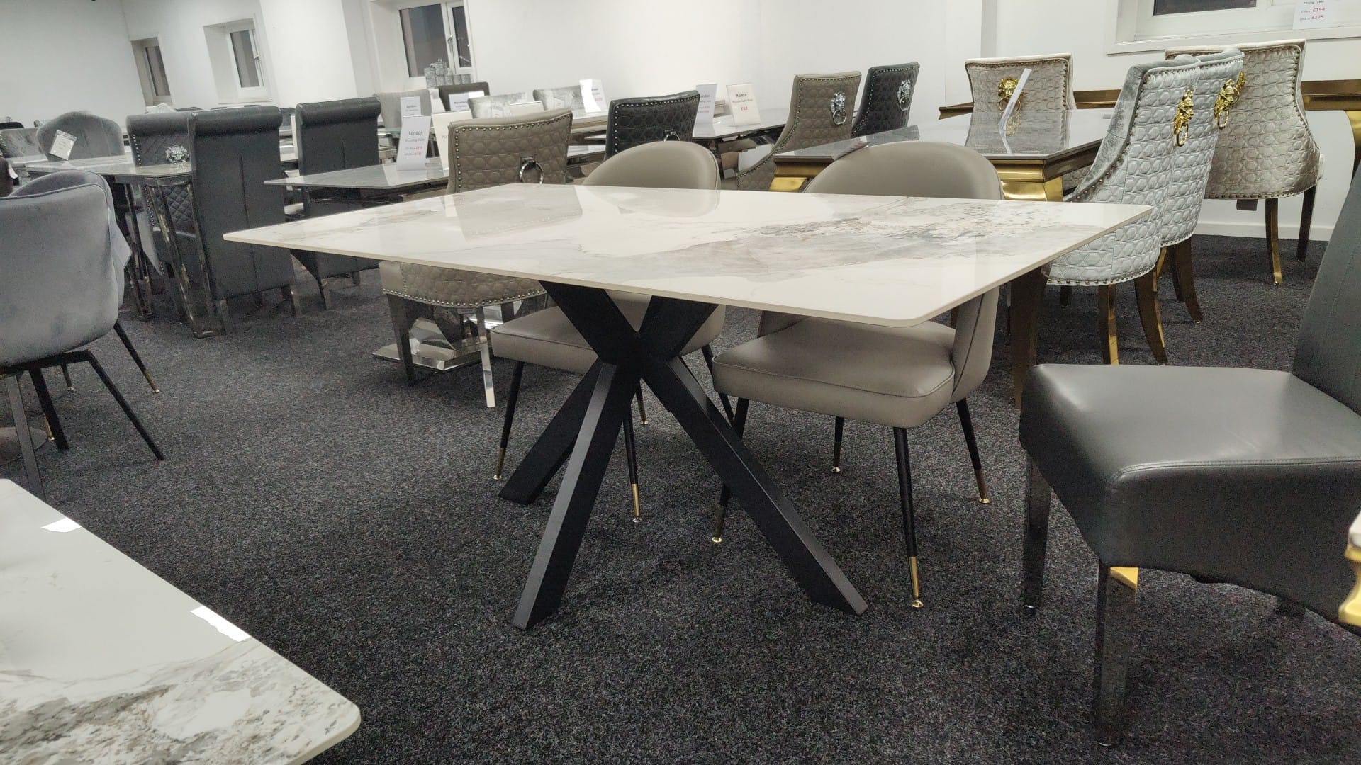 Phoenix 180cm White Ceramic Marble Dining Table With Grey Velvet Black Ring Chairs - Image 12