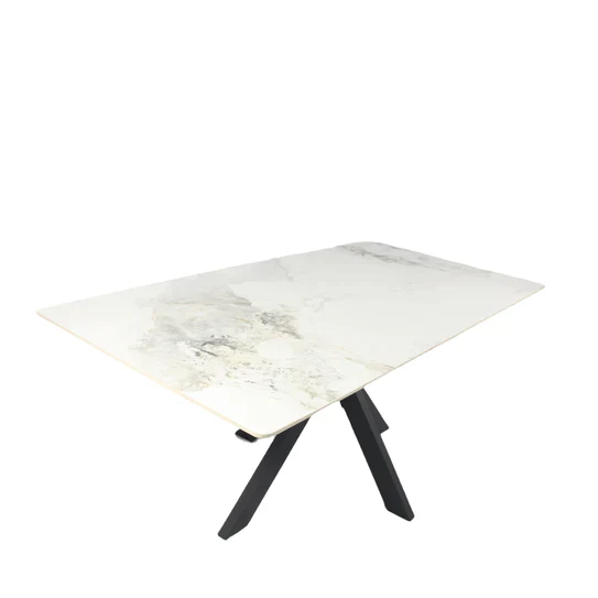 Phoenix 180cm White Ceramic Marble Dining Table With Grey Velvet Black Ring Chairs - Image 13