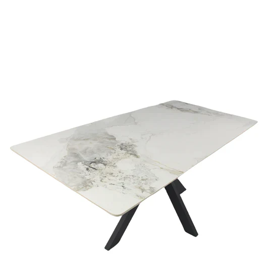 Phoenix 180cm White Ceramic Marble Dining Table With Grey Velvet Black Ring Chairs - Image 18