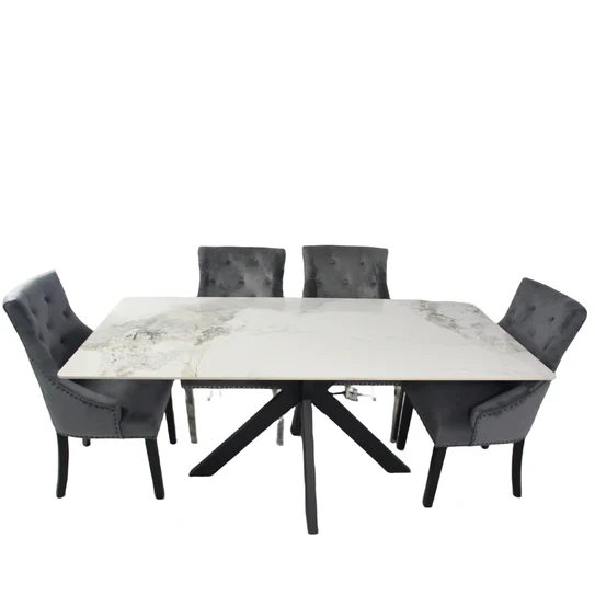 Phoenix 180cm White Ceramic Marble Dining Table With Grey Velvet Black Ring Chairs - Image 20