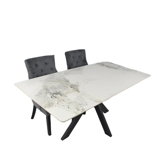 Phoenix 180cm White Ceramic Marble Dining Table With Grey Velvet Black Ring Chairs - Image 21