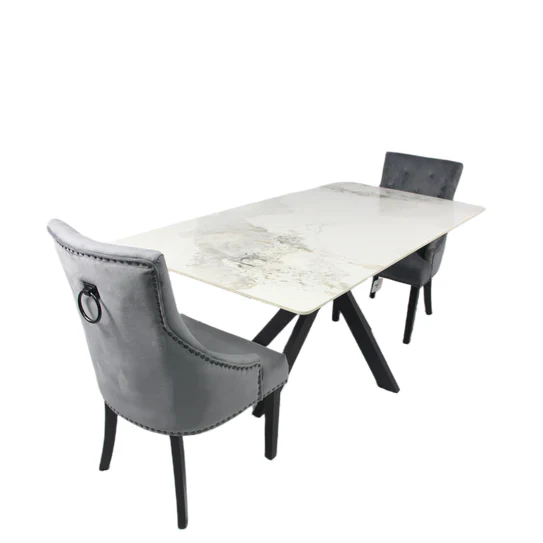 Phoenix 180cm White Ceramic Marble Dining Table With Grey Velvet Black Ring Chairs - Image 23