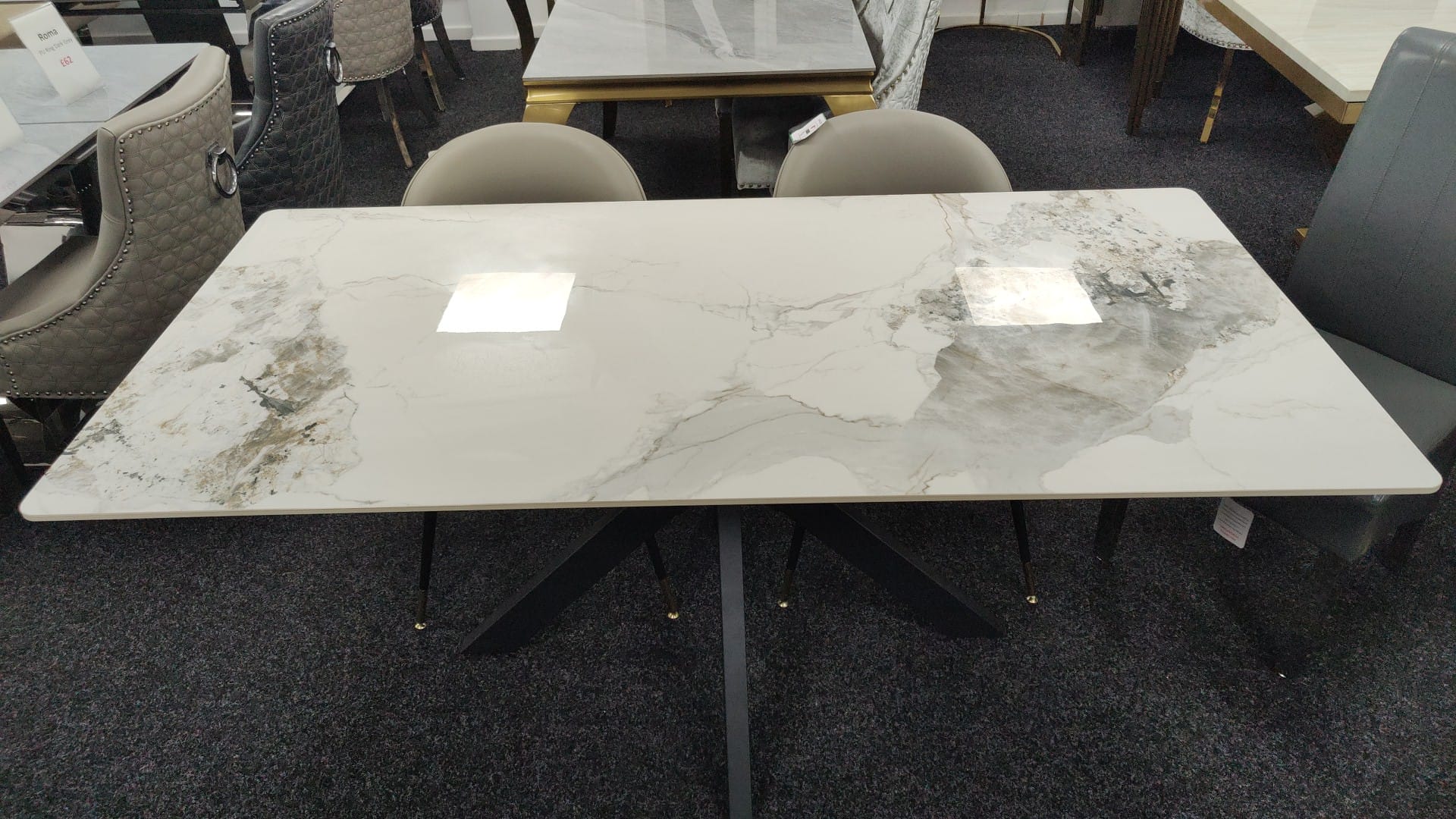 Phoenix 180cm White Ceramic Marble Dining Table With Grey Velvet Black Ring Chairs - Image 5