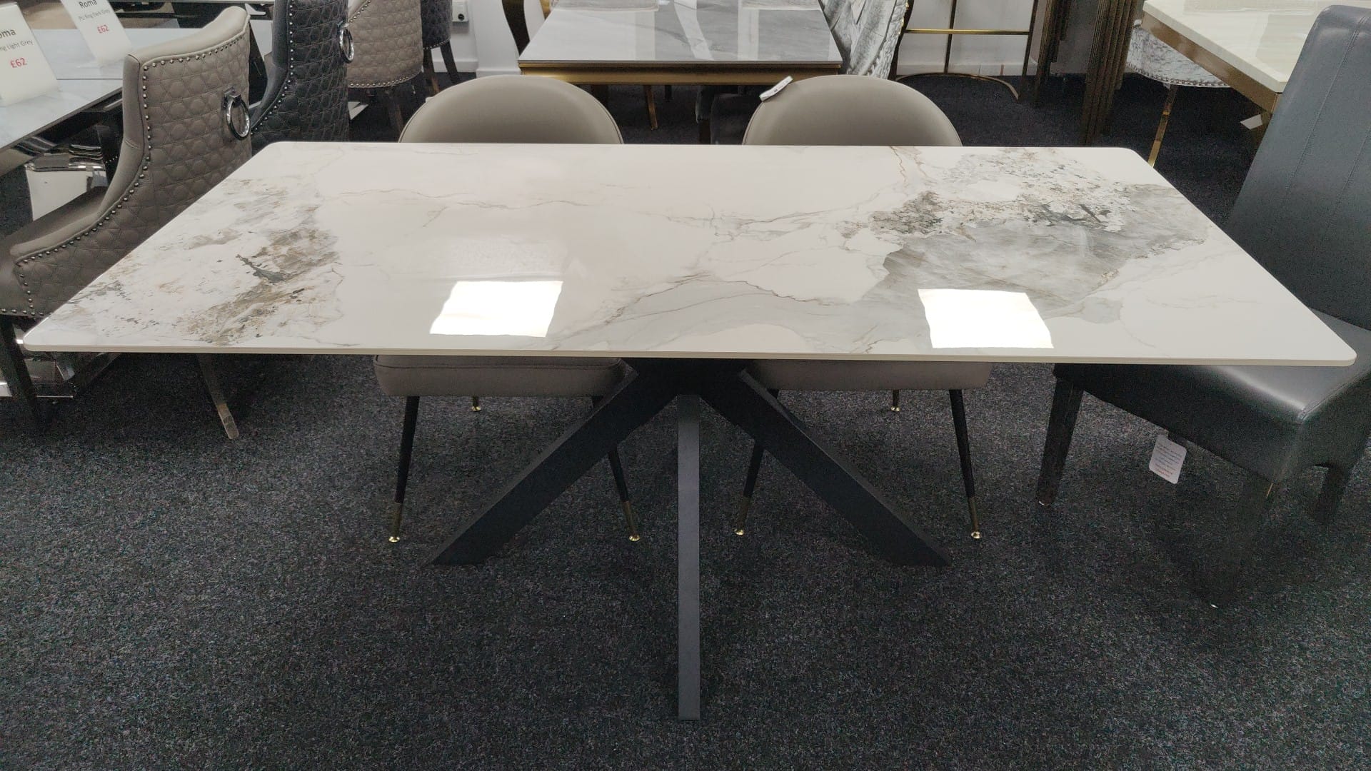 Phoenix 180cm White Ceramic Marble Dining Table With Grey Velvet Black Ring Chairs - Image 6