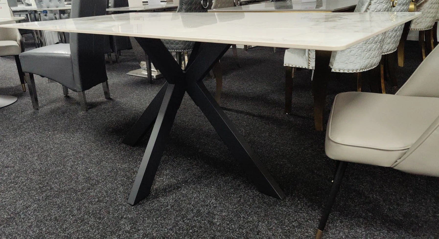 Phoenix 180cm White Ceramic Marble Dining Table With Grey Velvet Black Ring Chairs - Image 7