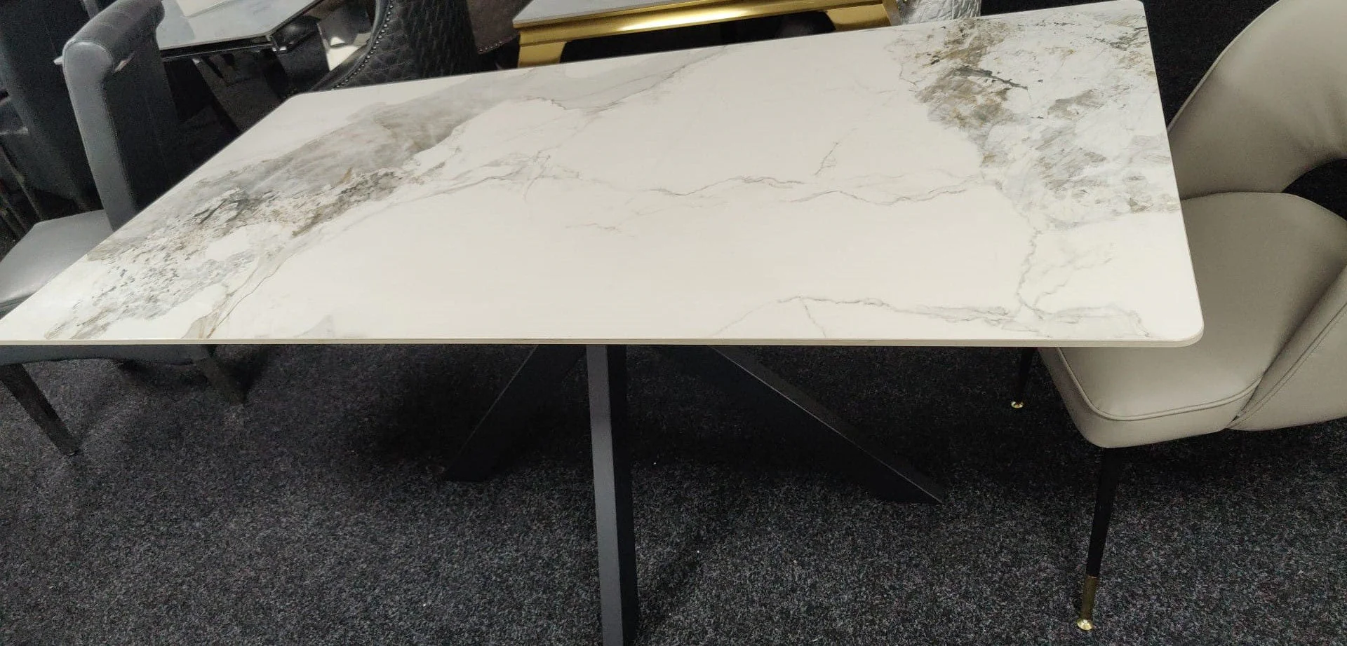 Phoenix 180cm White Ceramic Marble Dining Table With Grey Velvet Black Ring Chairs - Image 9