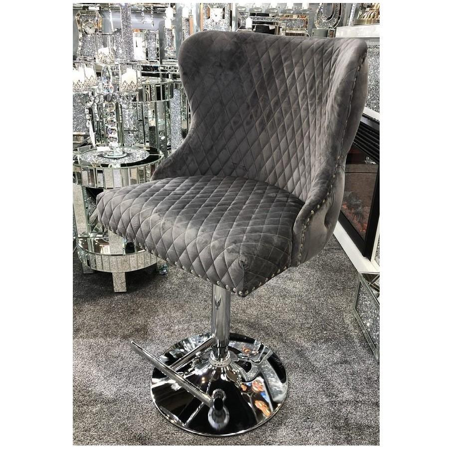 Valentino Grey Lion Knocker Quilted Back Plush Velvet Chrome Bar Stool - Image 4