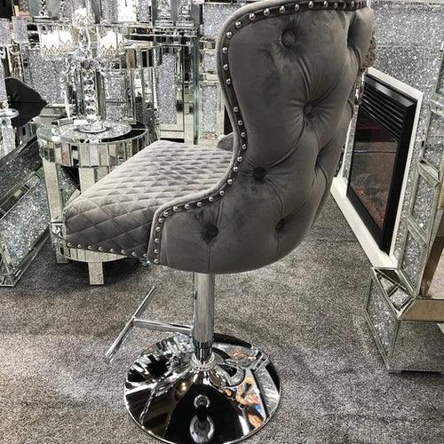 Valentino Grey Lion Knocker Quilted Back Plush Velvet Chrome Bar Stool - Image 5