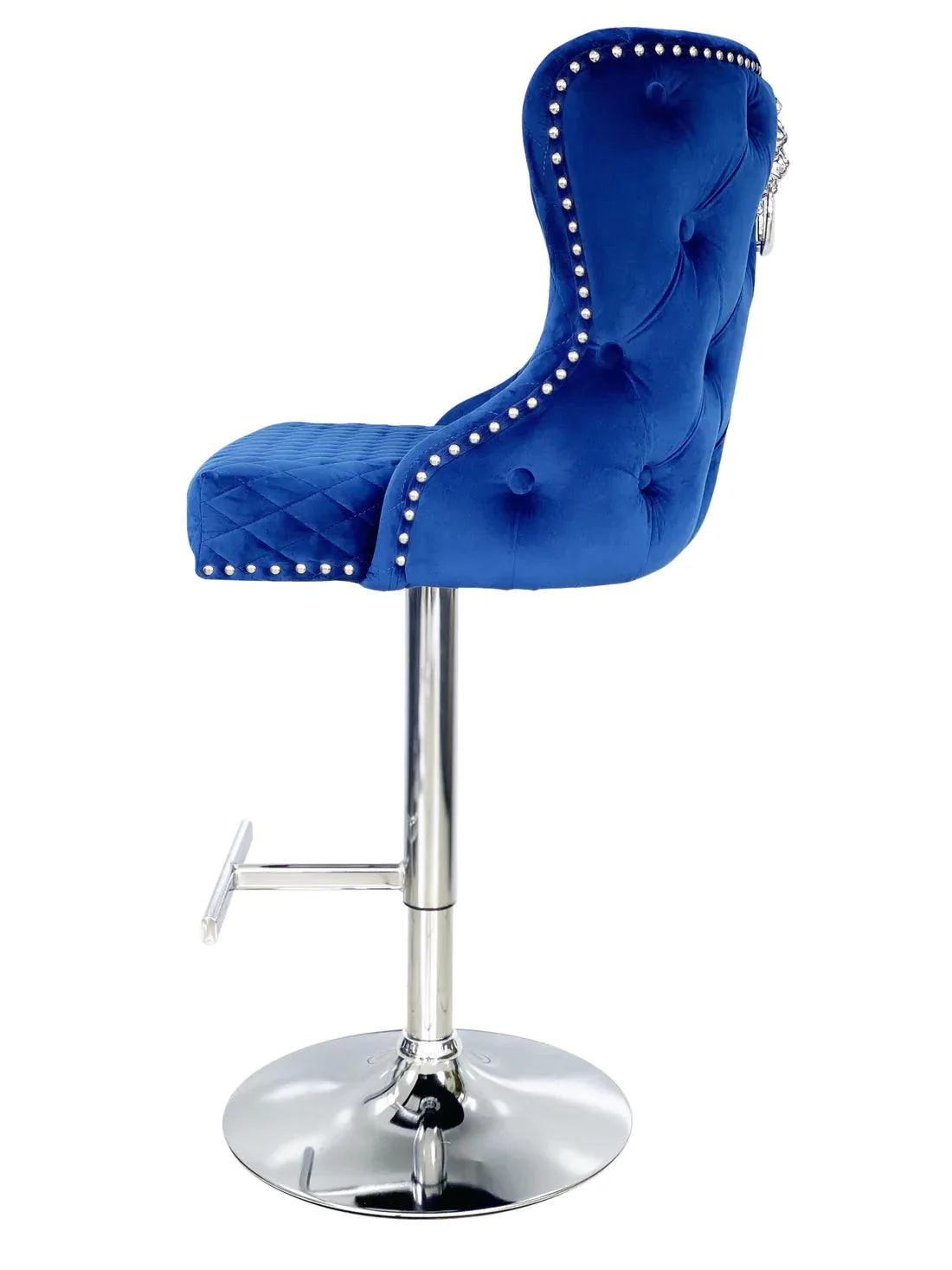 Valentino Navy Blue Lion Knocker Quilted Back Plush Velvet Chrome Bar Stool - Image 3