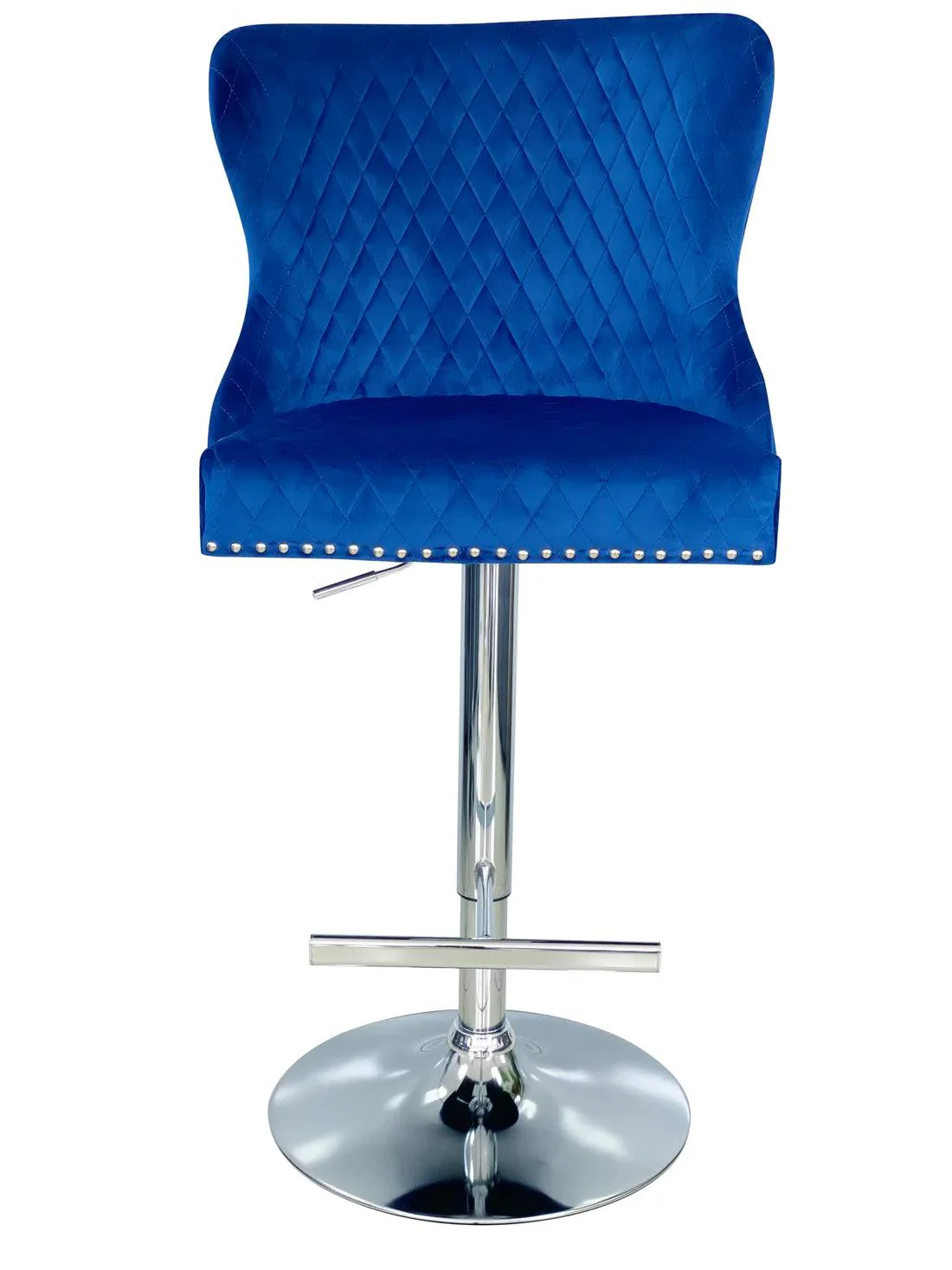 Valentino Navy Blue Lion Knocker Quilted Back Plush Velvet Chrome Bar Stool - Image 4