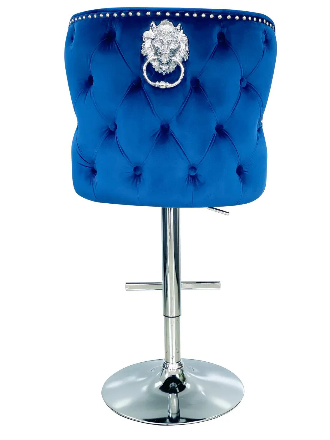 Valentino Navy Blue Lion Knocker Quilted Back Plush Velvet Chrome Bar Stool - Image 5