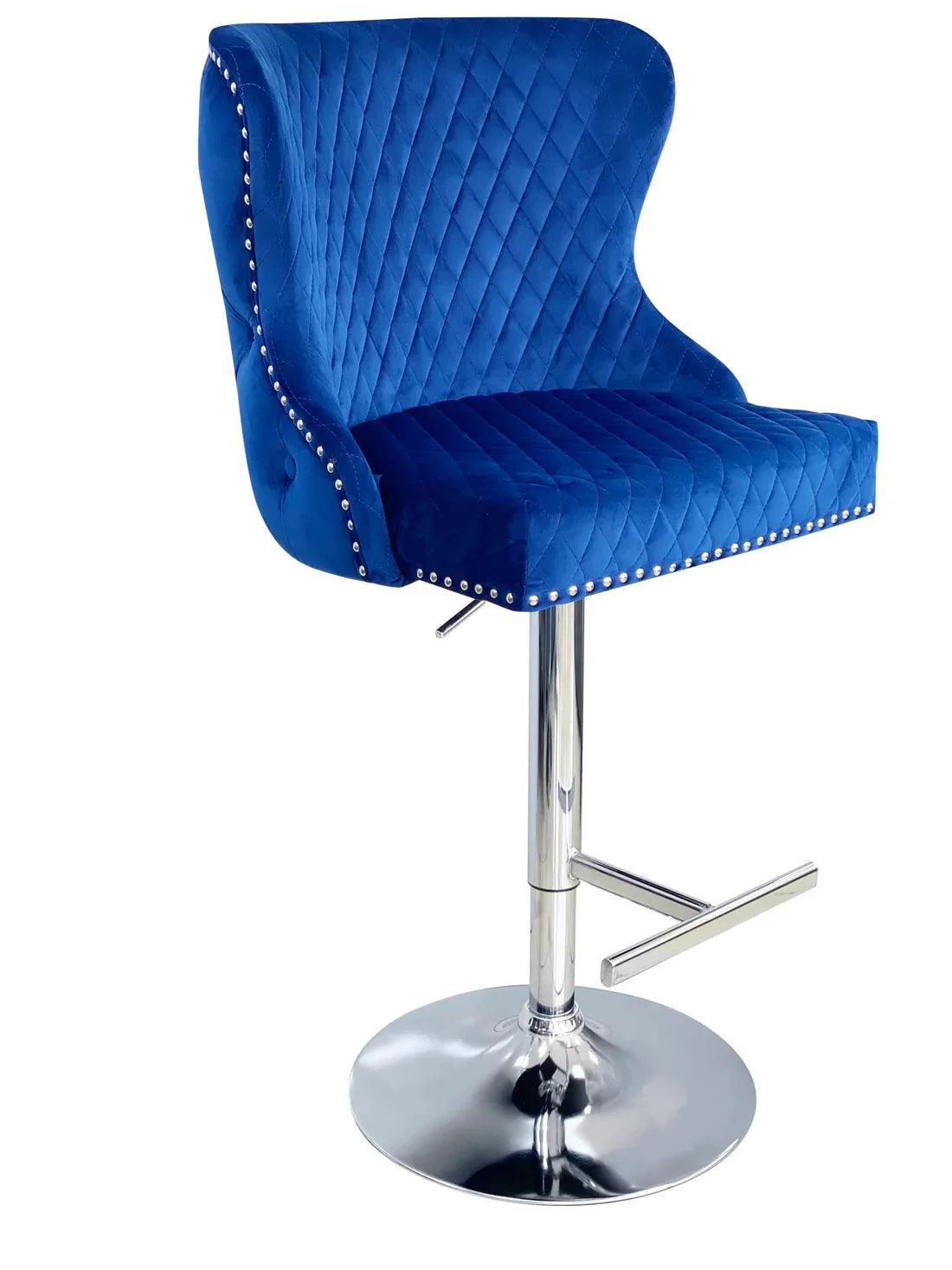 Valentino Navy Blue Lion Knocker Quilted Back Plush Velvet Chrome Bar Stool - Image 6