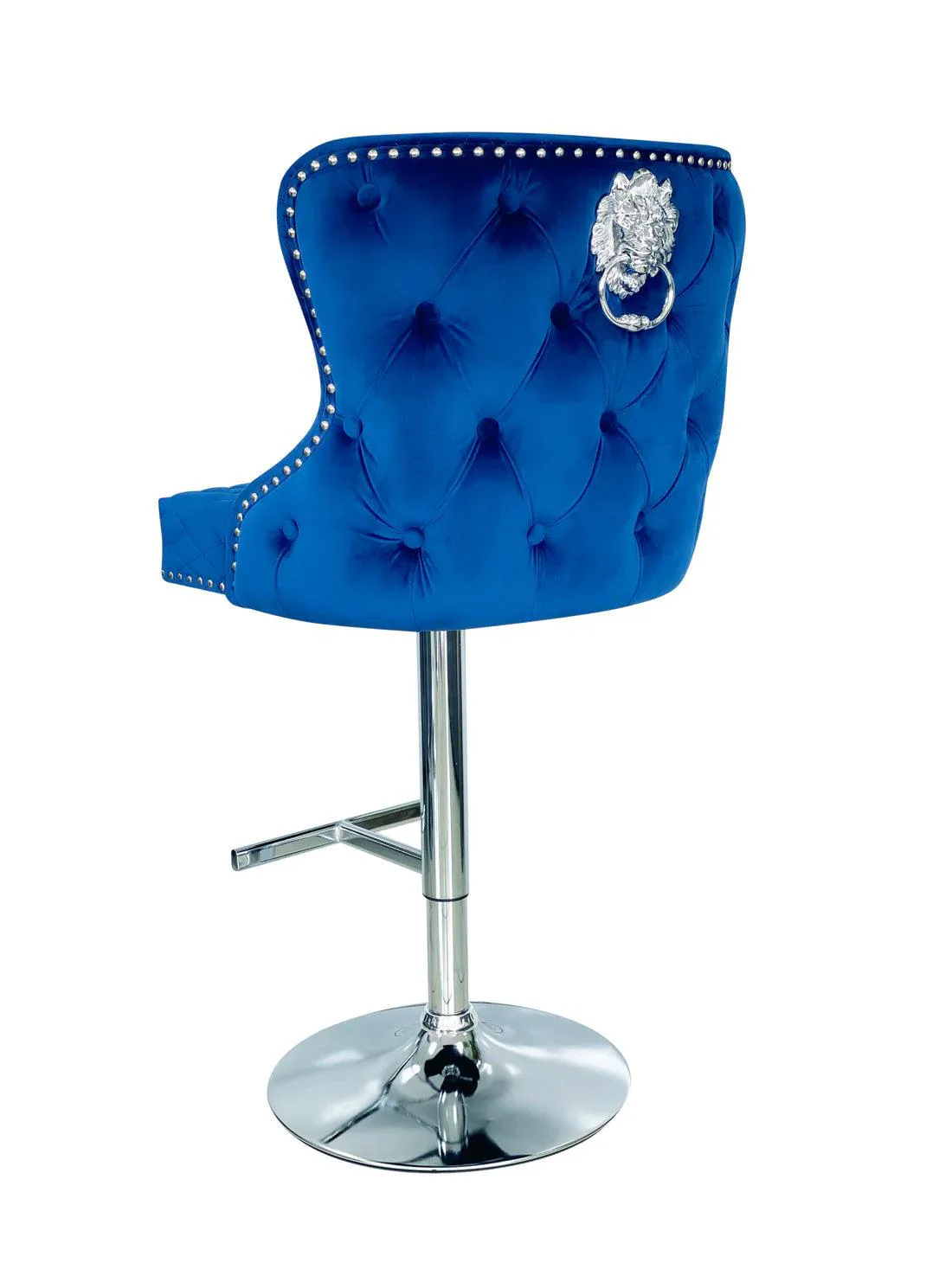Valentino Navy Blue Lion Knocker Quilted Back Plush Velvet Chrome Bar Stool - Image 7