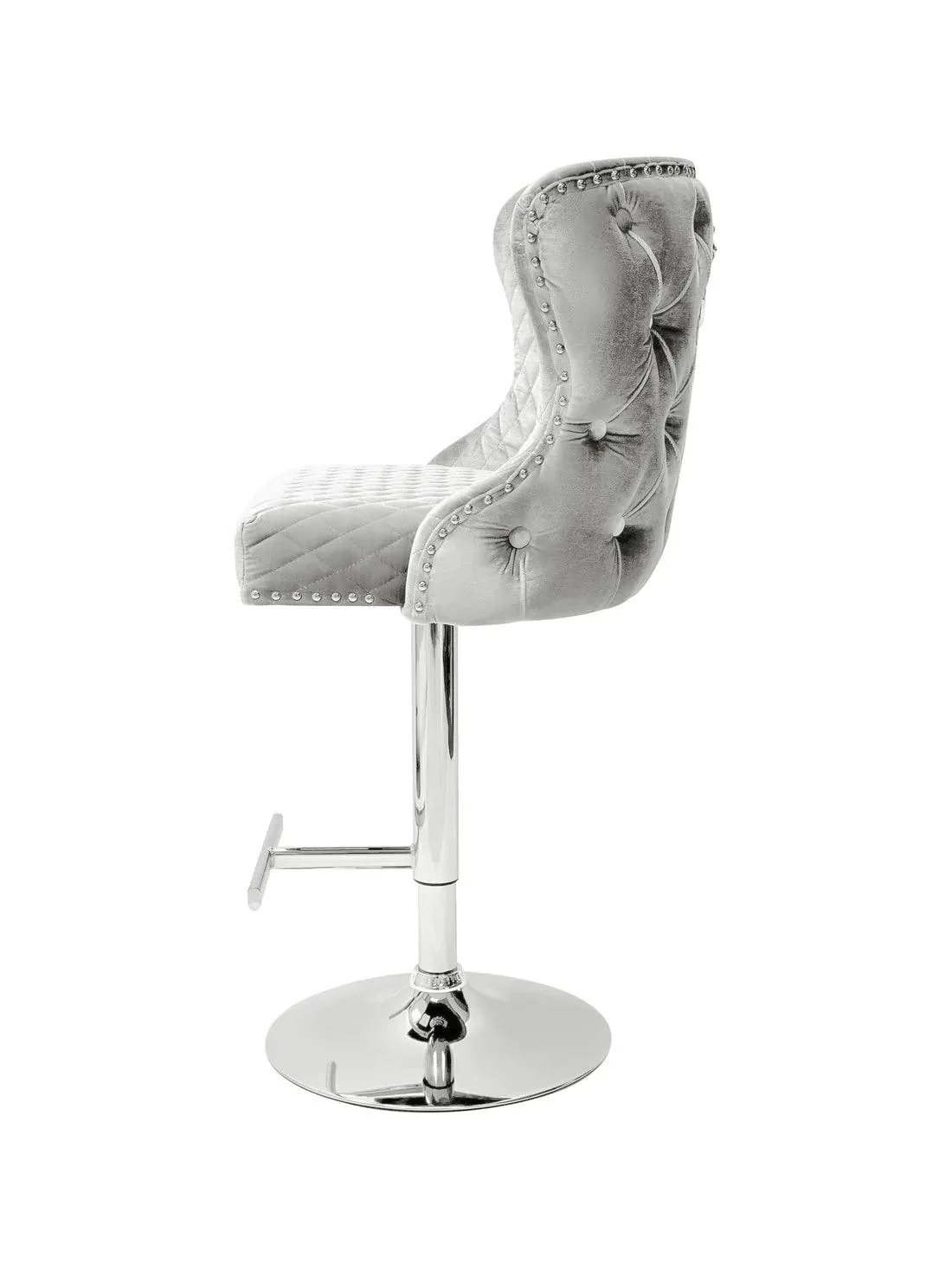 Valentino Pewter Shimmer Grey Lion Knocker Quilted Back Plush Velvet Chrome Bar Stool - Image 3