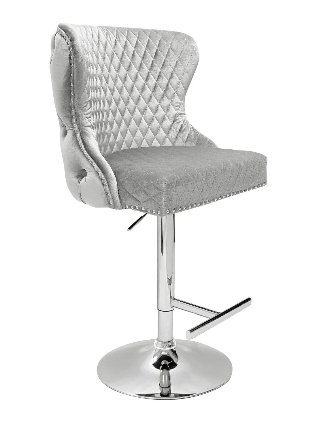 Valentino Pewter Shimmer Grey Lion Knocker Quilted Back Plush Velvet Chrome Bar Stool - Image 4