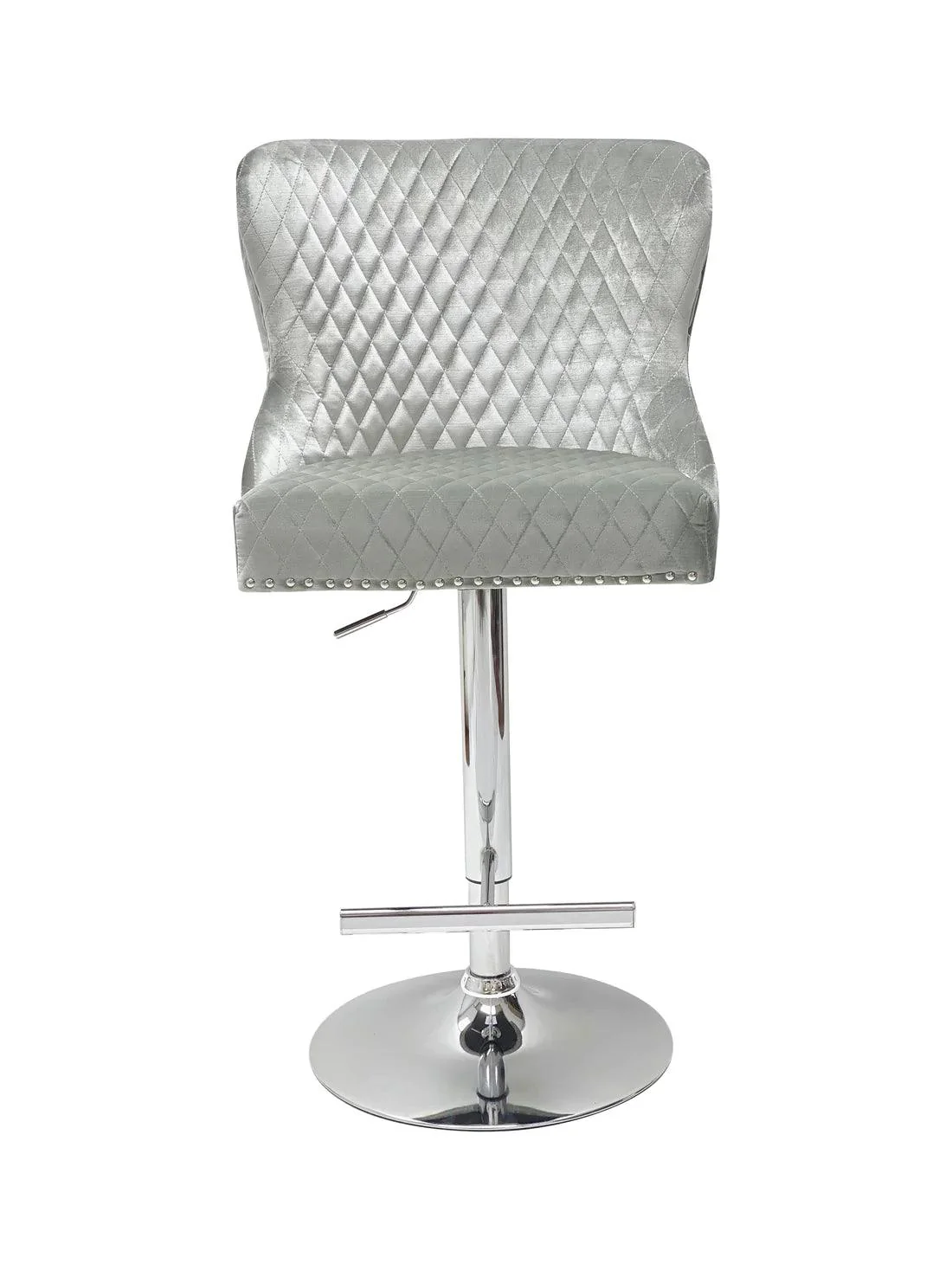 Valentino Pewter Shimmer Grey Lion Knocker Quilted Back Plush Velvet Chrome Bar Stool - Image 5