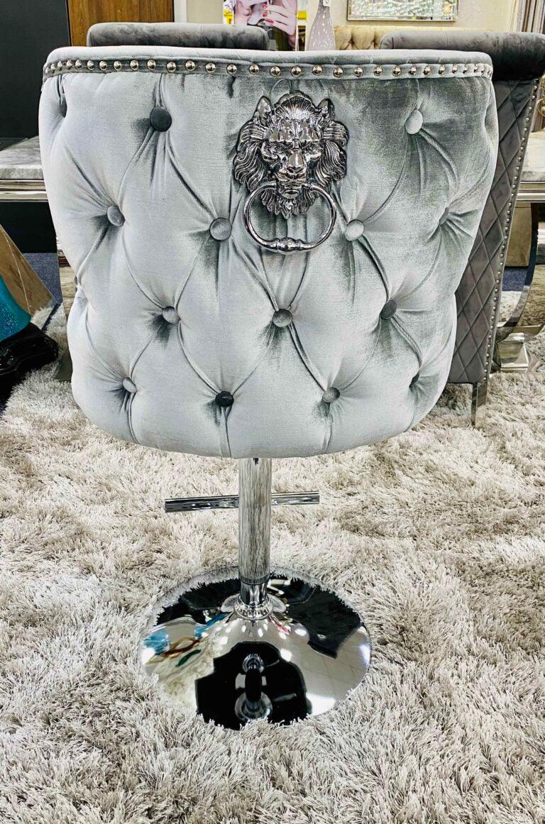Valentino Pewter Shimmer Grey Lion Knocker Quilted Back Plush Velvet Chrome Bar Stool - Image 7