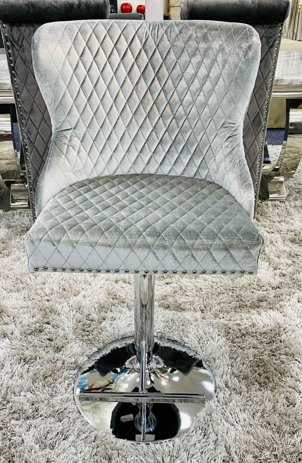 Valentino Pewter Shimmer Grey Lion Knocker Quilted Back Plush Velvet Chrome Bar Stool - Image 8